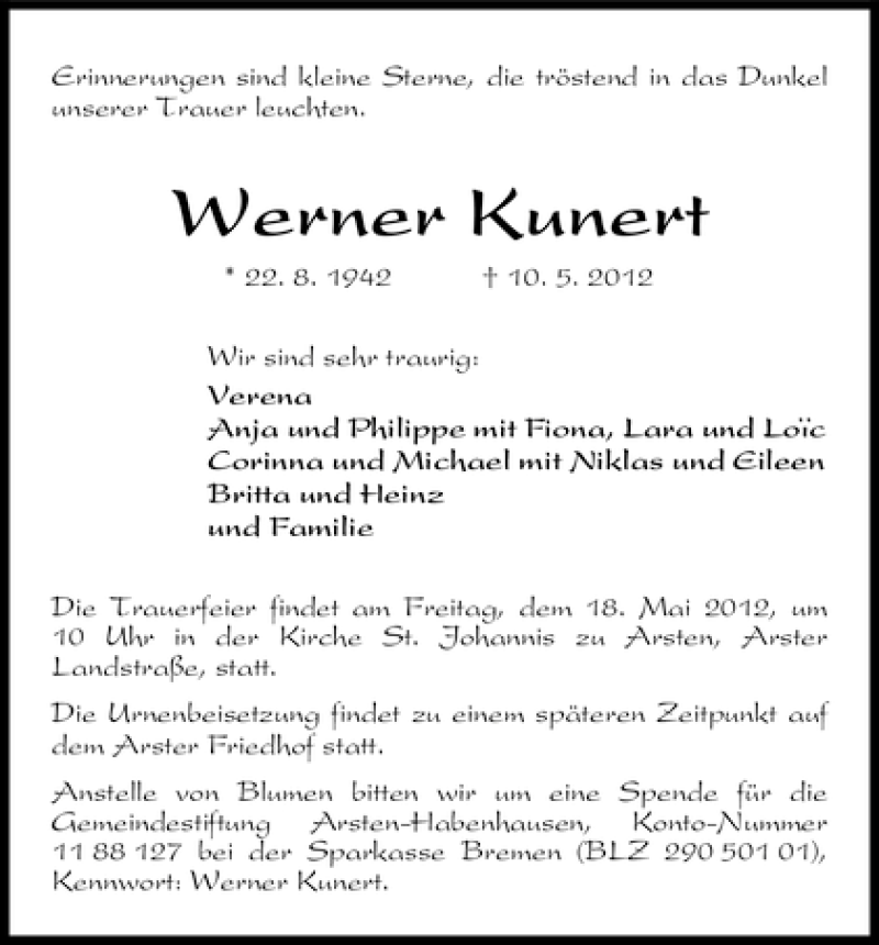 Traueranzeige von Werner Kunert von WESER-KURIER