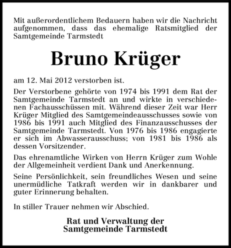 Traueranzeige von Bruno Krüger von WESER-KURIER