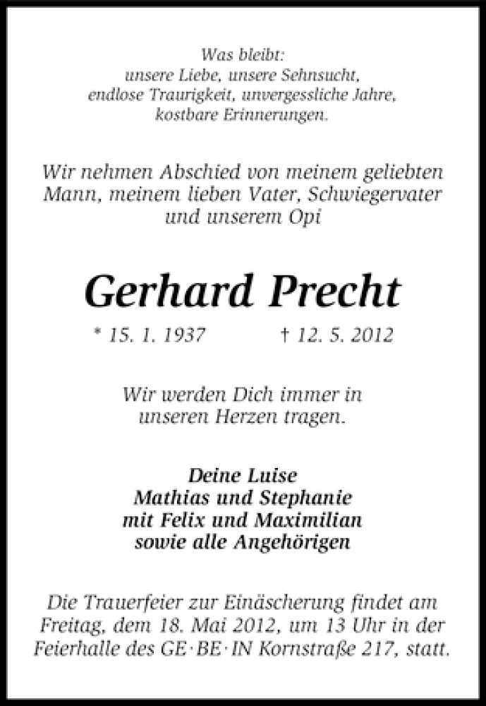 Traueranzeige von Gerhard Precht von WESER-KURIER