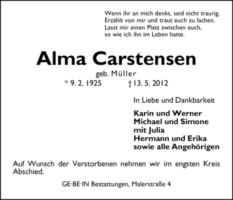Traueranzeige von Alma Carstensen von WESER-KURIER