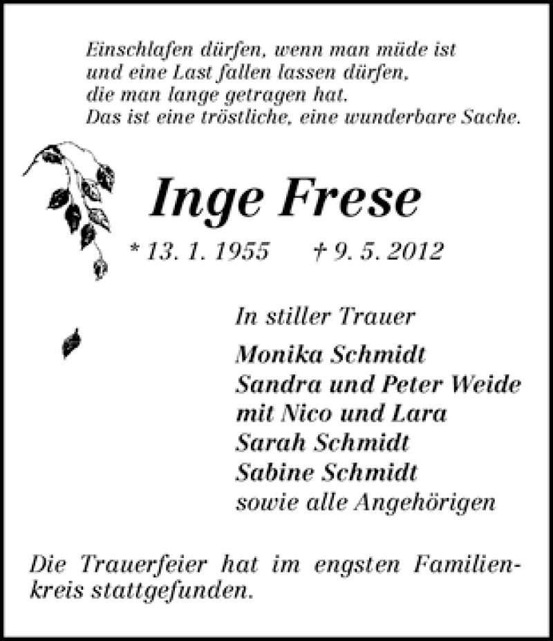 Traueranzeige von Inge Frese von WESER-KURIER