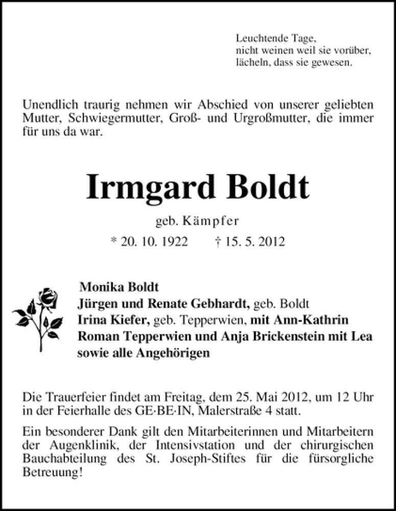 Traueranzeige von Irmgard Boldt von WESER-KURIER