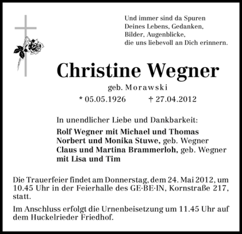 Traueranzeige von Christine Wegner von WESER-KURIER