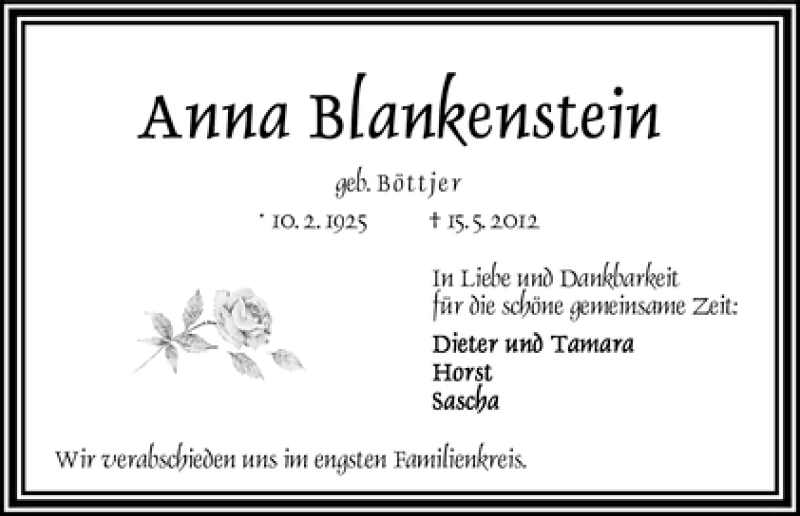 Traueranzeige von Anna Blankenstein von WESER-KURIER