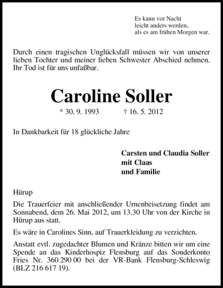 Traueranzeige von Caroline Soller von WESER-KURIER