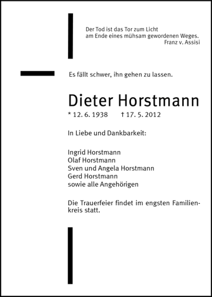 Traueranzeige von Dieter Horstmann von WESER-KURIER