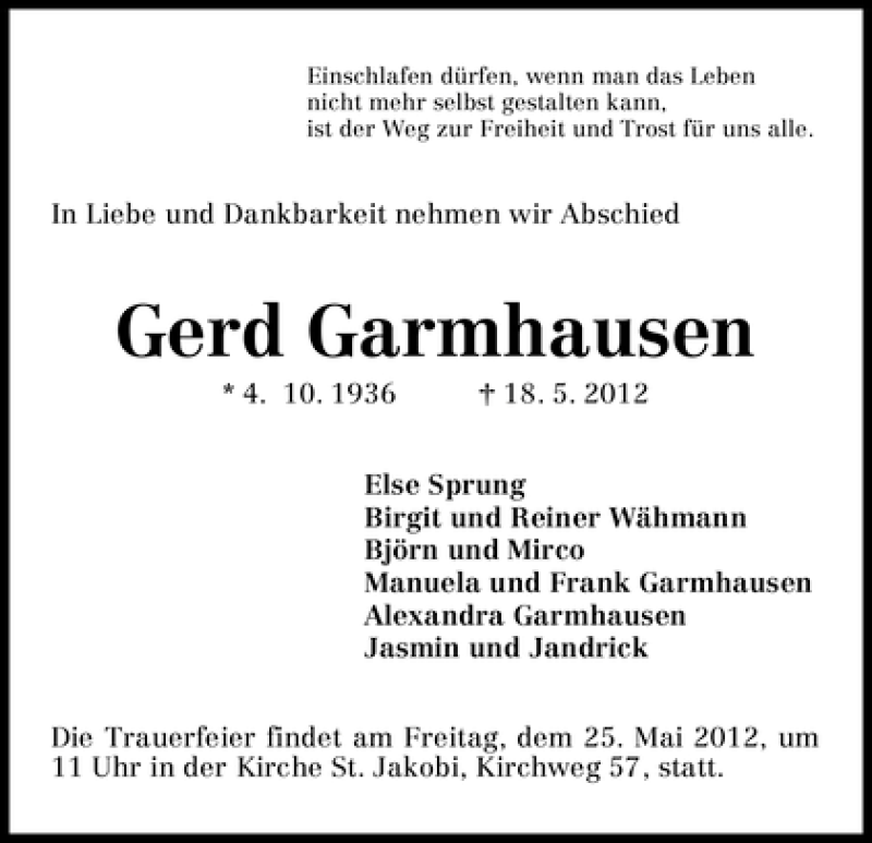 Traueranzeige von Gerd Garmhausen von WESER-KURIER