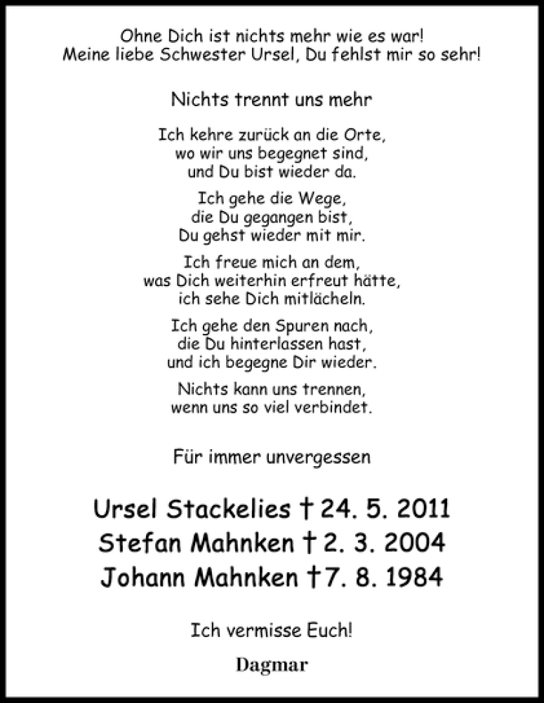 Traueranzeige von Ursel Stackelies von WESER-KURIER