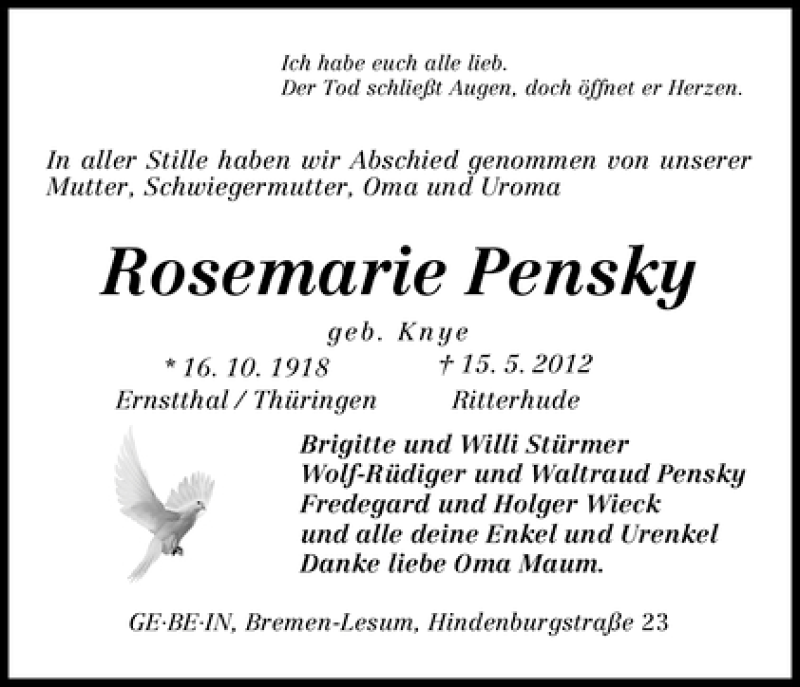 Traueranzeige von Rosemarie Pensky von WESER-KURIER