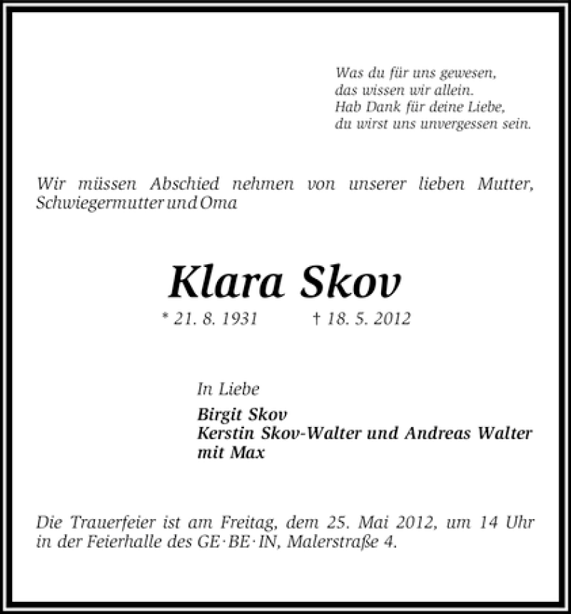 Traueranzeige von Klara Skov von WESER-KURIER