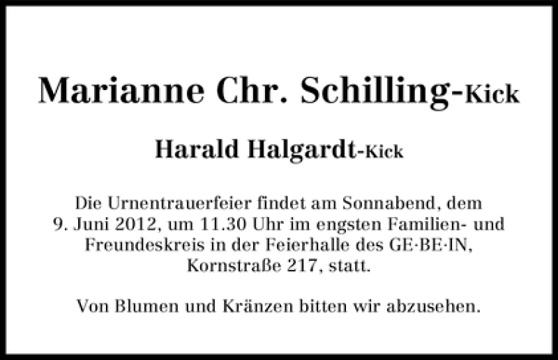 Traueranzeige von Marianne Schilling-Kick von WESER-KURIER