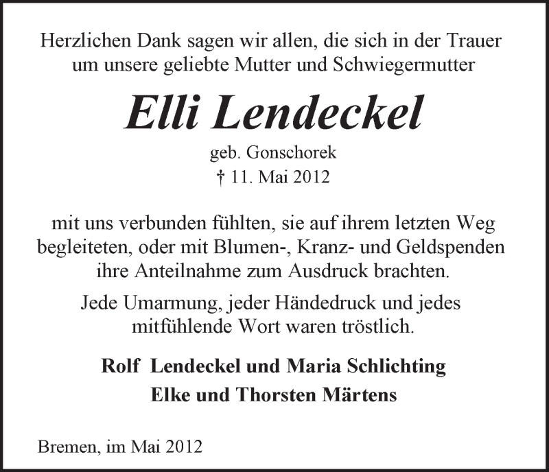 Traueranzeige von Elli Lendeckel von WESER-KURIER