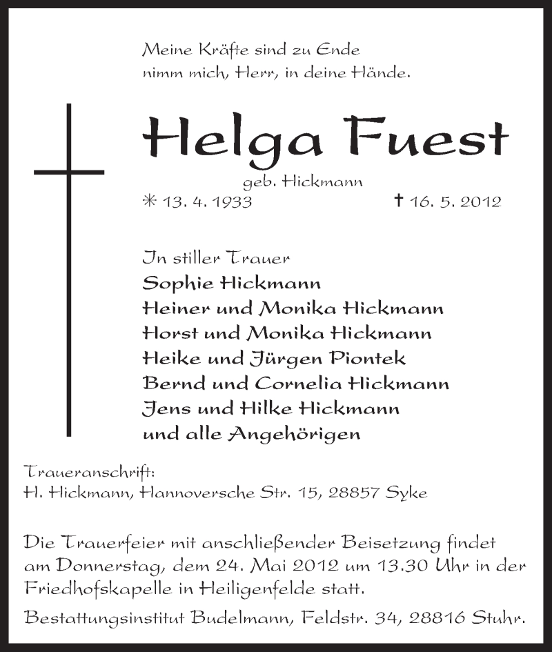 Traueranzeige von Helga Fuest von WESER-KURIER