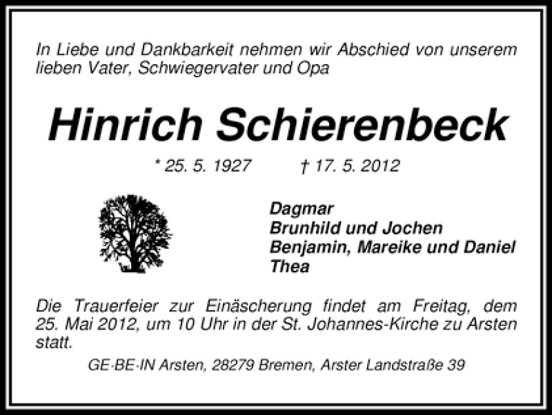Traueranzeige von Hinrich Schierenbeck von WESER-KURIER