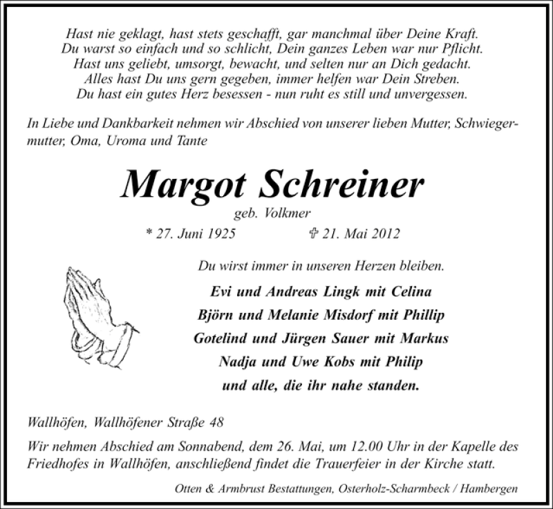 Traueranzeige von Margot Schreiner von WESER-KURIER