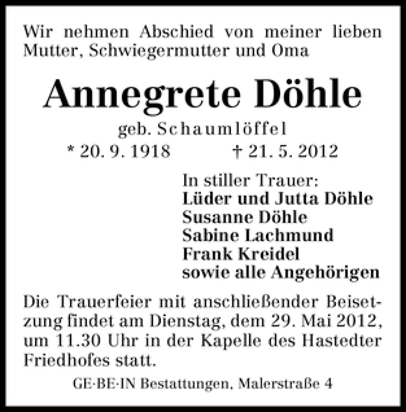 Traueranzeige von Annegrete Döhle von WESER-KURIER
