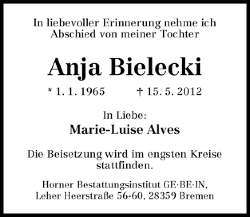 Traueranzeige von Anja Bielecki von WESER-KURIER