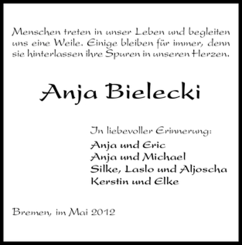 Traueranzeige von Anja Bielecki von WESER-KURIER