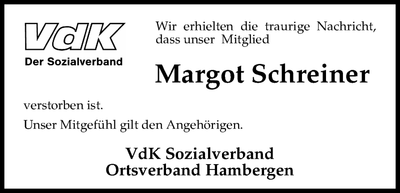 Traueranzeige von Margot Schreiner von WESER-KURIER