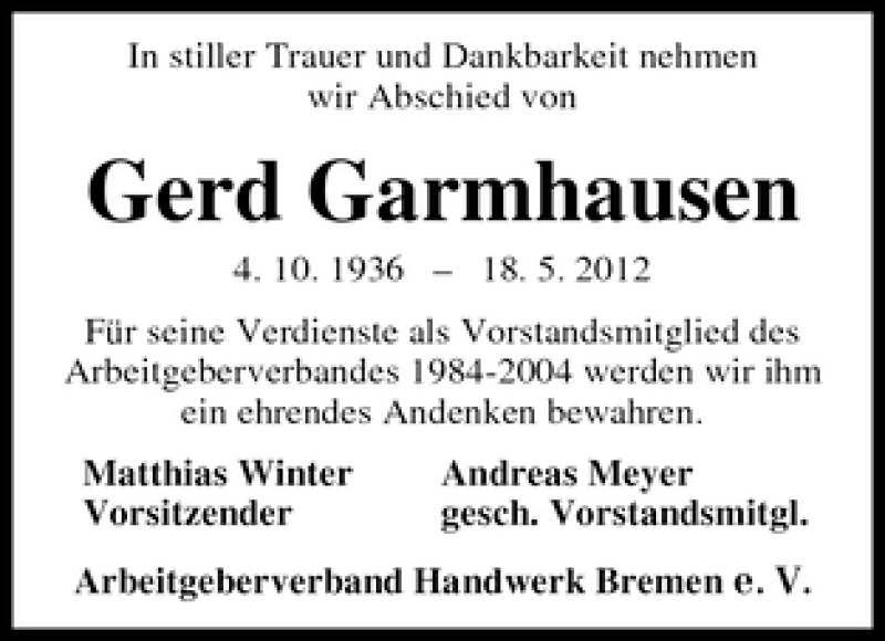 Traueranzeige von Gerd Garmhausen von WESER-KURIER