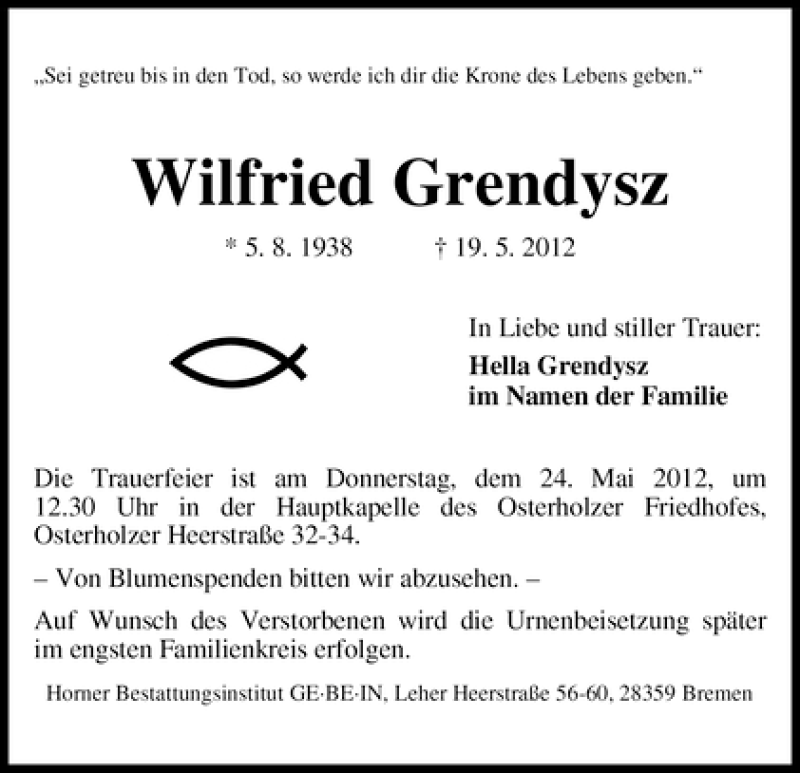 Traueranzeige von Wilfried Grendysz von WESER-KURIER