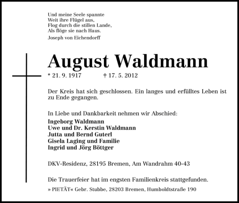 Traueranzeige von August Waldmann von WESER-KURIER