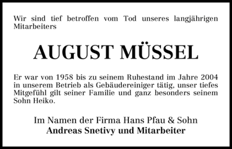 Traueranzeige von August Müssel von WESER-KURIER