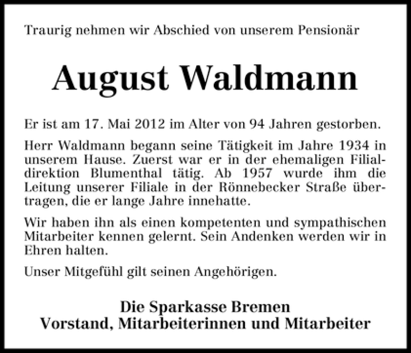 Traueranzeige von August Waldmann von WESER-KURIER