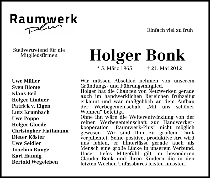 Traueranzeige von Holger Bonk von WESER-KURIER