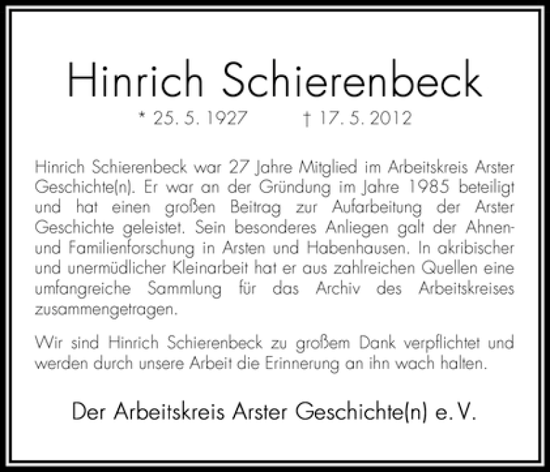 Traueranzeige von Schierenbeck Hinrich von WESER-KURIER