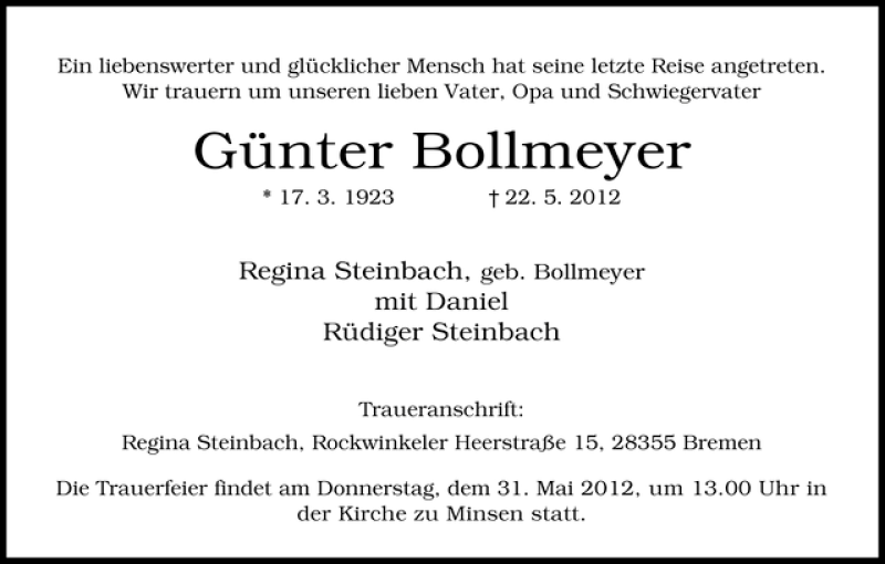 Traueranzeige von Günter Bollmeyer von WESER-KURIER