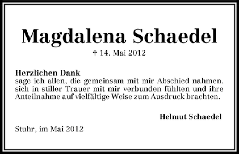Traueranzeige von Magdalena Schaedel von WESER-KURIER