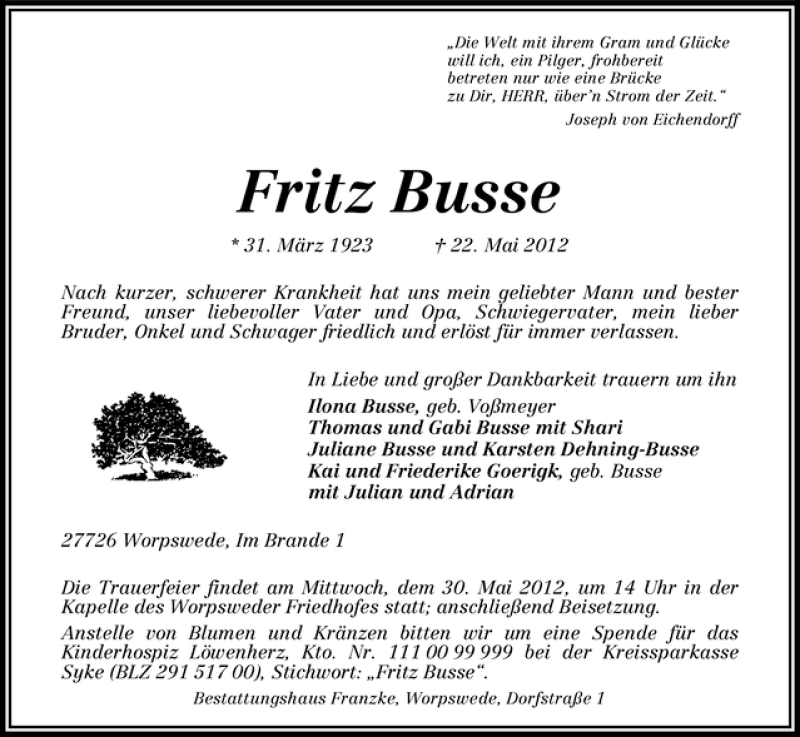 Traueranzeige von Fritz Busse von WESER-KURIER