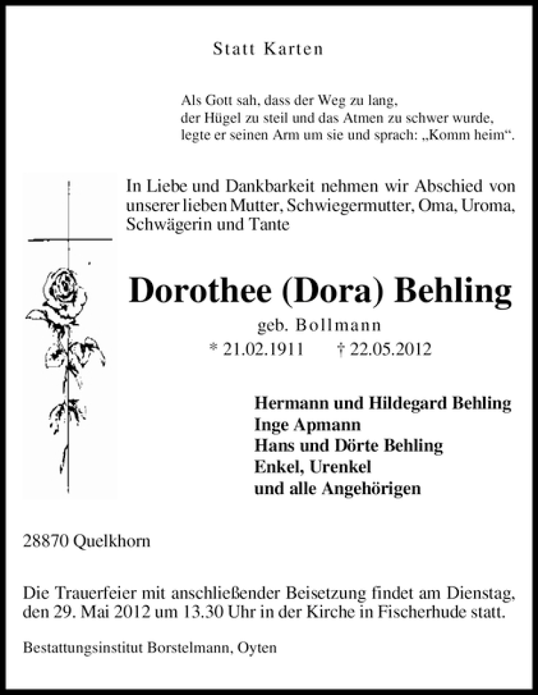 Traueranzeige von Dorothee (Dora) Behling von WESER-KURIER