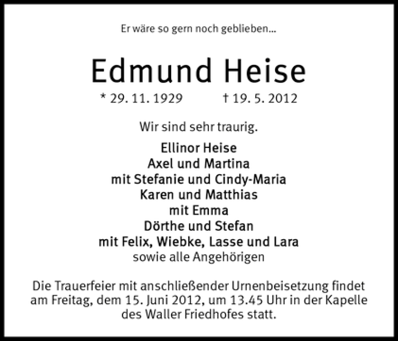 Traueranzeige von Edmund Heise von WESER-KURIER