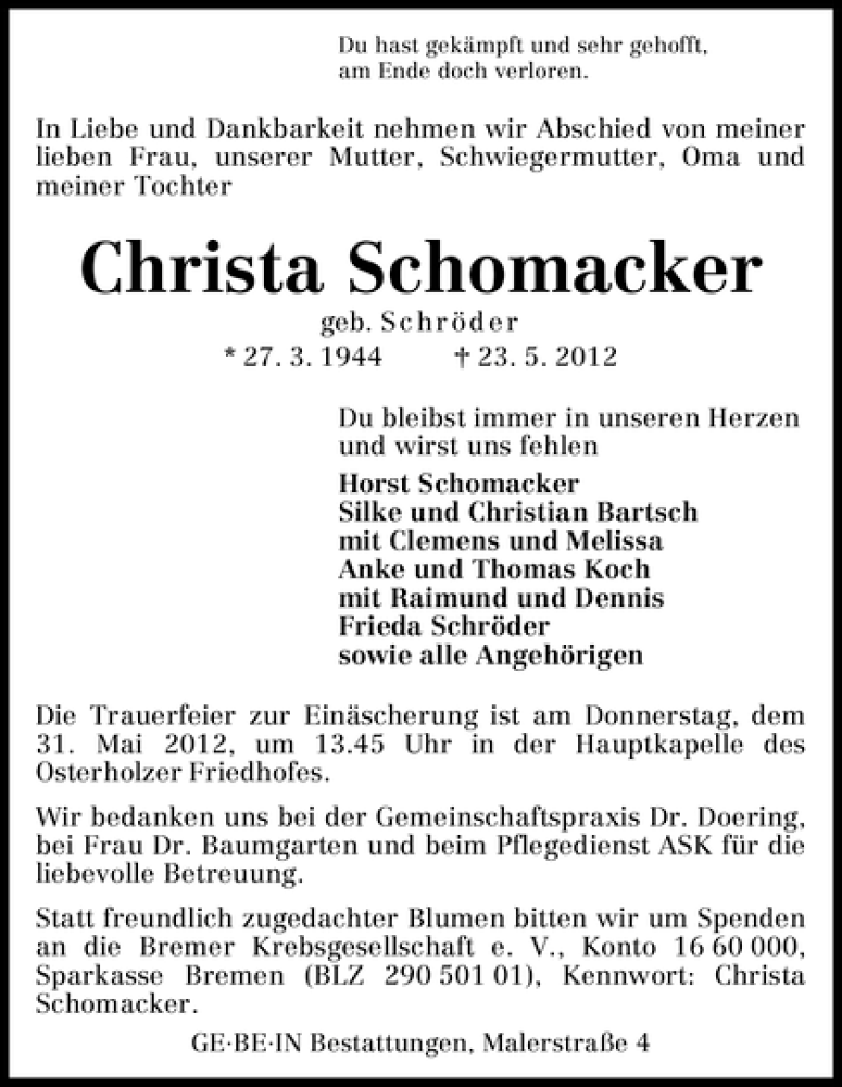 Traueranzeige von Christa Schomacker von WESER-KURIER