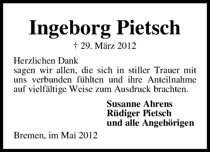 Traueranzeige von Ingeborg Pietsch von WESER-KURIER
