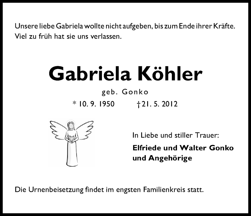 Traueranzeige von Gabriela Köhler von WESER-KURIER