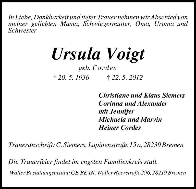 Traueranzeige von Ursula Voigt von WESER-KURIER