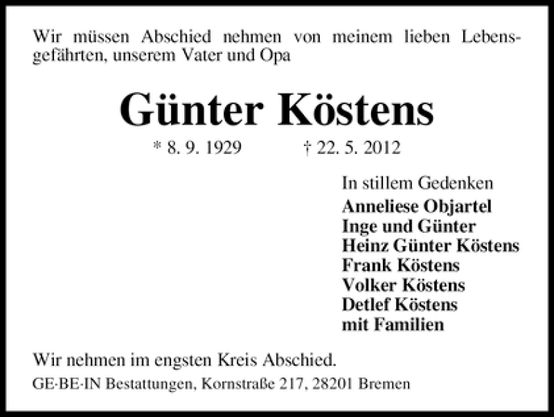Traueranzeige von Günter Köstens von WESER-KURIER