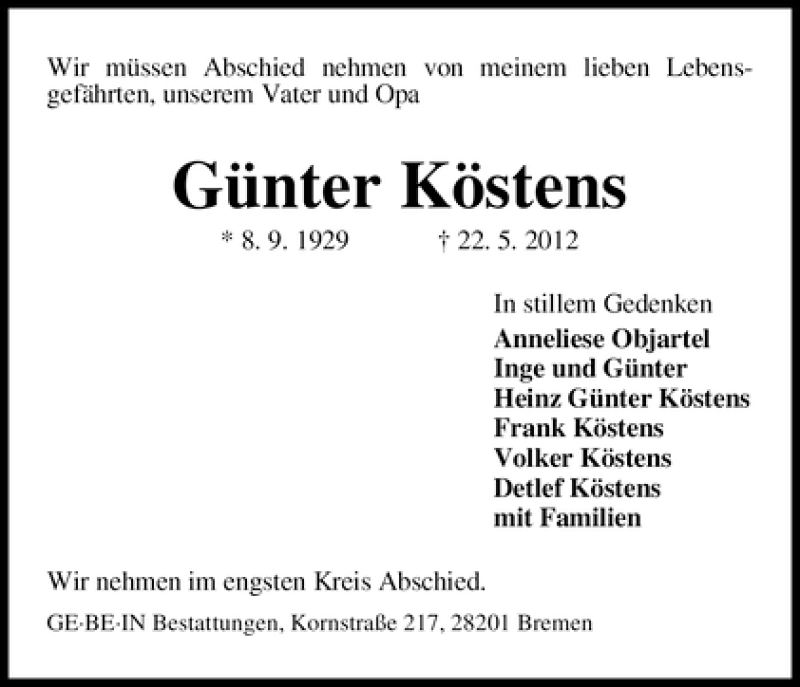 Traueranzeige von Günter Köstens von WESER-KURIER