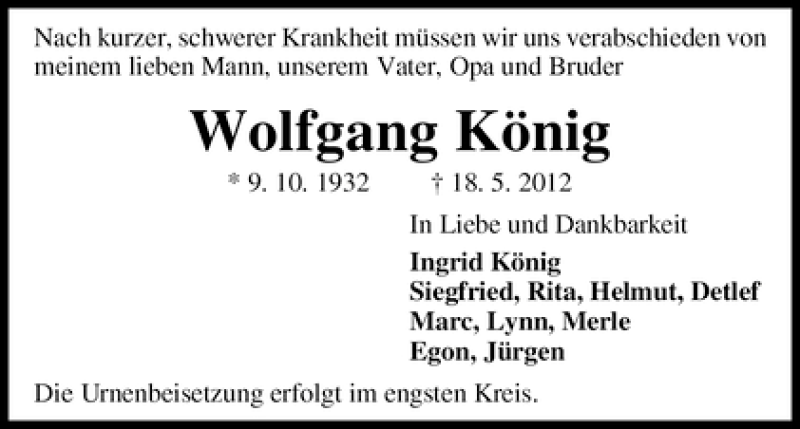 Traueranzeige von Wolfgang König von WESER-KURIER