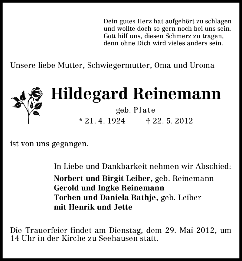 Traueranzeige von Hildegard Reinemann von WESER-KURIER