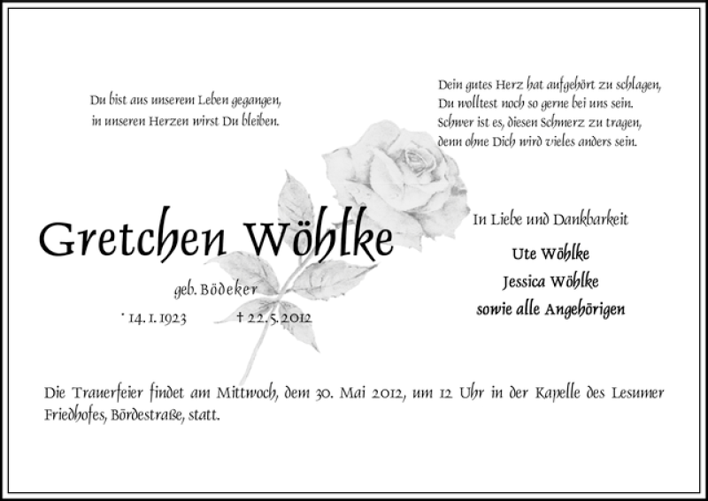 Traueranzeige von Gretchen Wöhlke von WESER-KURIER