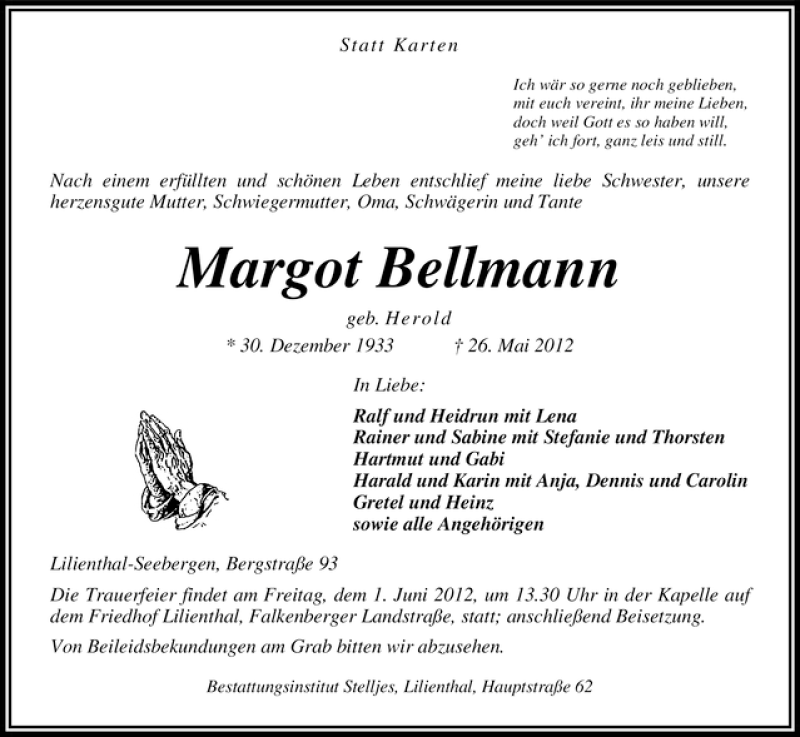 Traueranzeige von Margot Bellmann von WESER-KURIER