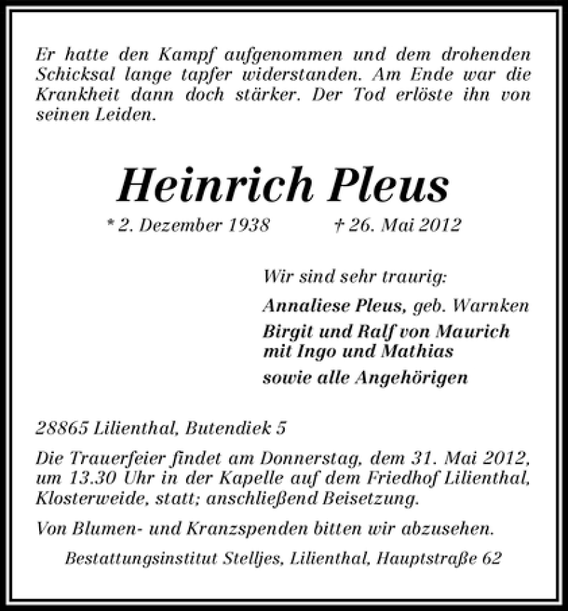 Traueranzeige von Heinrich Pleus von WESER-KURIER
