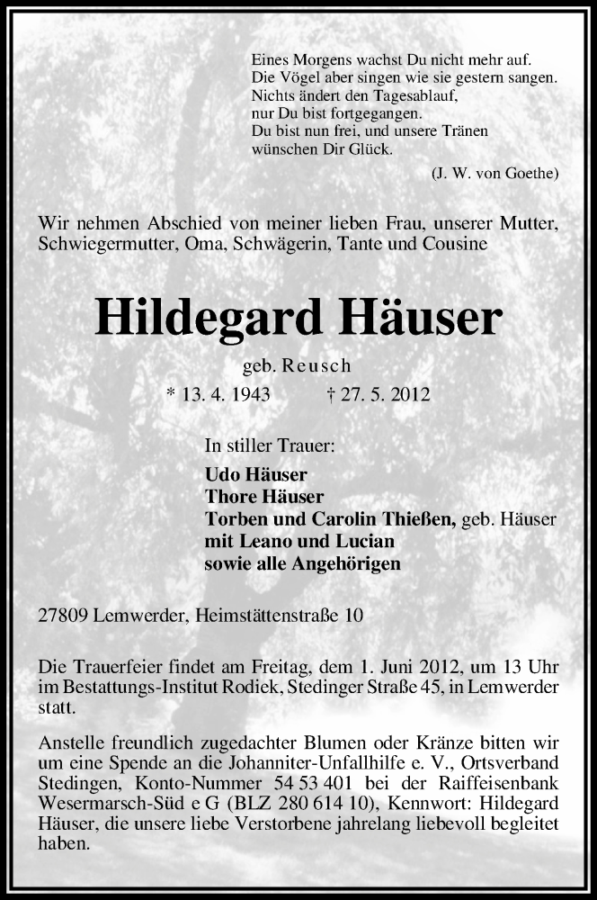 Traueranzeige von Hildegard Häuser von WESER-KURIER