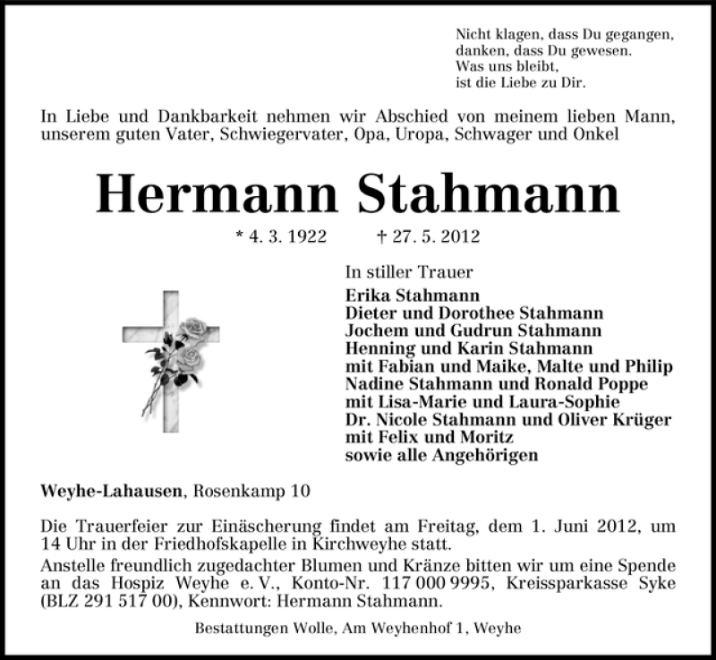 Traueranzeige von Hermann Stahmann von WESER-KURIER