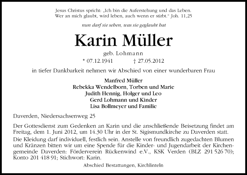 Traueranzeige von Karin Müller von WESER-KURIER