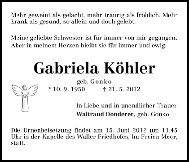 Traueranzeige von Gabriela Köhler von WESER-KURIER